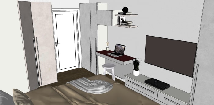 Render del progetto: soluzione per inserire un mini studio in camera