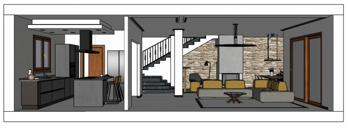 Visuale del living con soggiorno e cucina