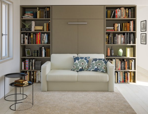 Libreria per soggiorno con divano e letto matrimoniale a scomparsa verticale - Holdem