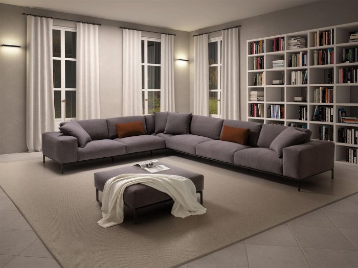 Grande divano angolare grigio con cuscini rossi Richmond