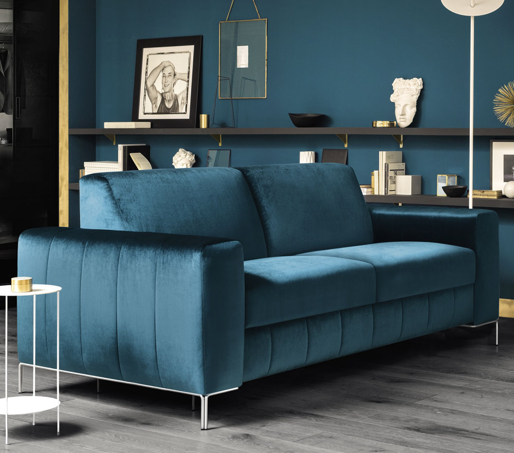 Divano letto comodo e elegante in velluto blu Norton