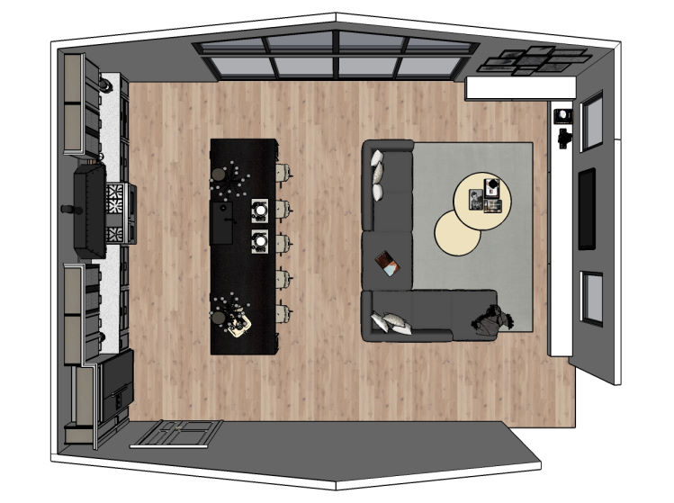 Progetto open space con cucina a isola e divano divisorio - villa a San Francisco