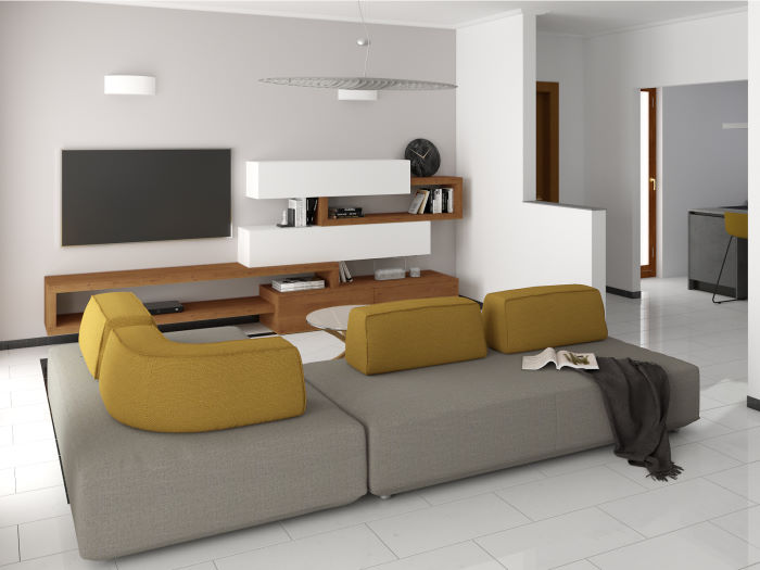 Progetto per soggiorno con ingresso aperto, divano componibile con sedute su due lati