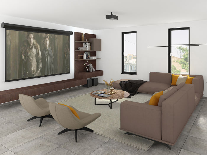 Progetto per soggiorno quadrato con divano angolare e due poltrone