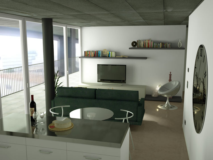 Render open space con divano, tavolo e isola cucina centrali