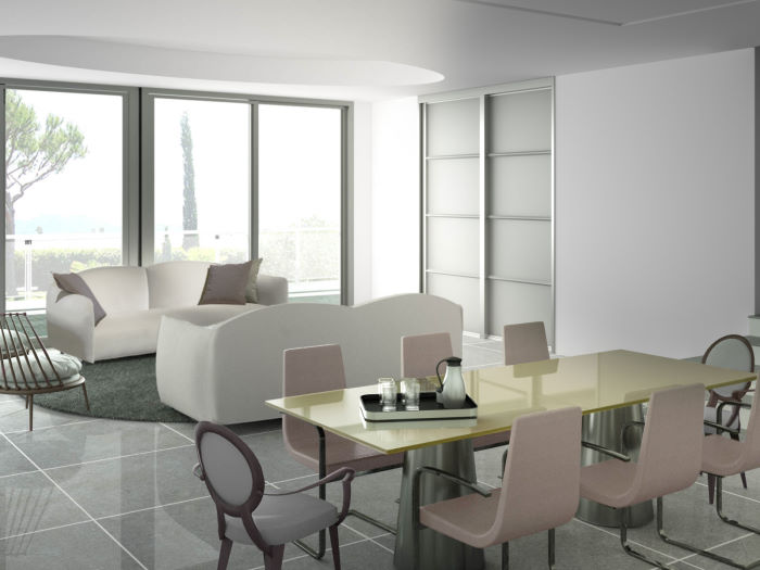 Progetto per salotto moderno con divani frontali, posizionamento davanti al tavolo