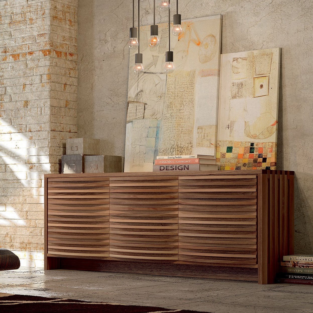 SCOPRI SEKI: credenza a 3 ante cm 188 in legno noce con frontali ondulati