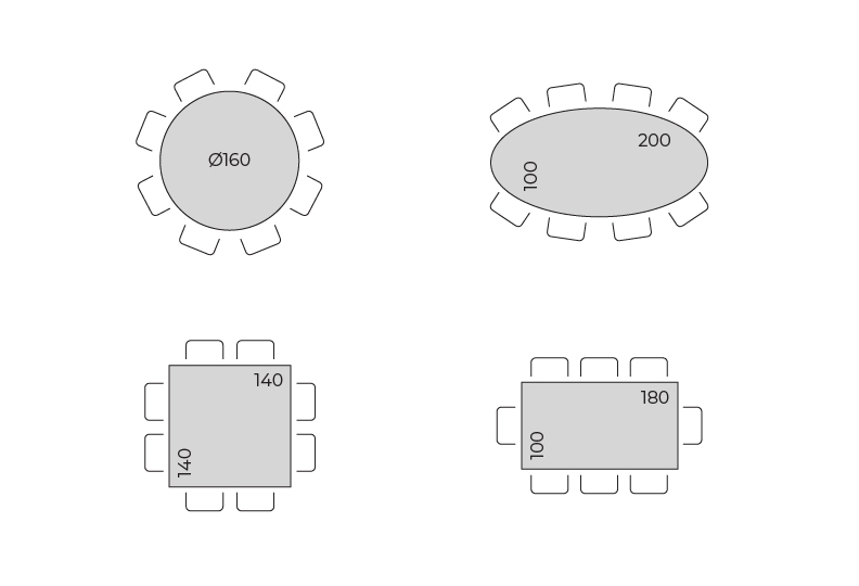 Schema con dimensioni indicative di un tavolo 8 posti